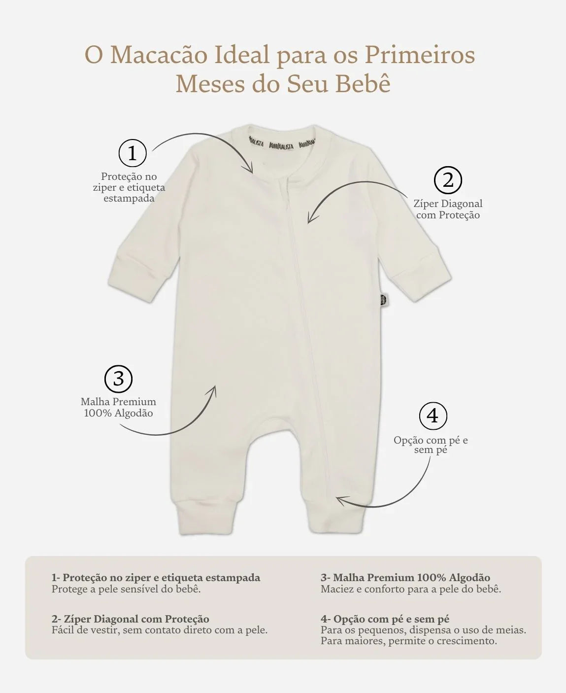 Macacão de Bebê Ziper com opção de Pezinho | Liso Branco Off