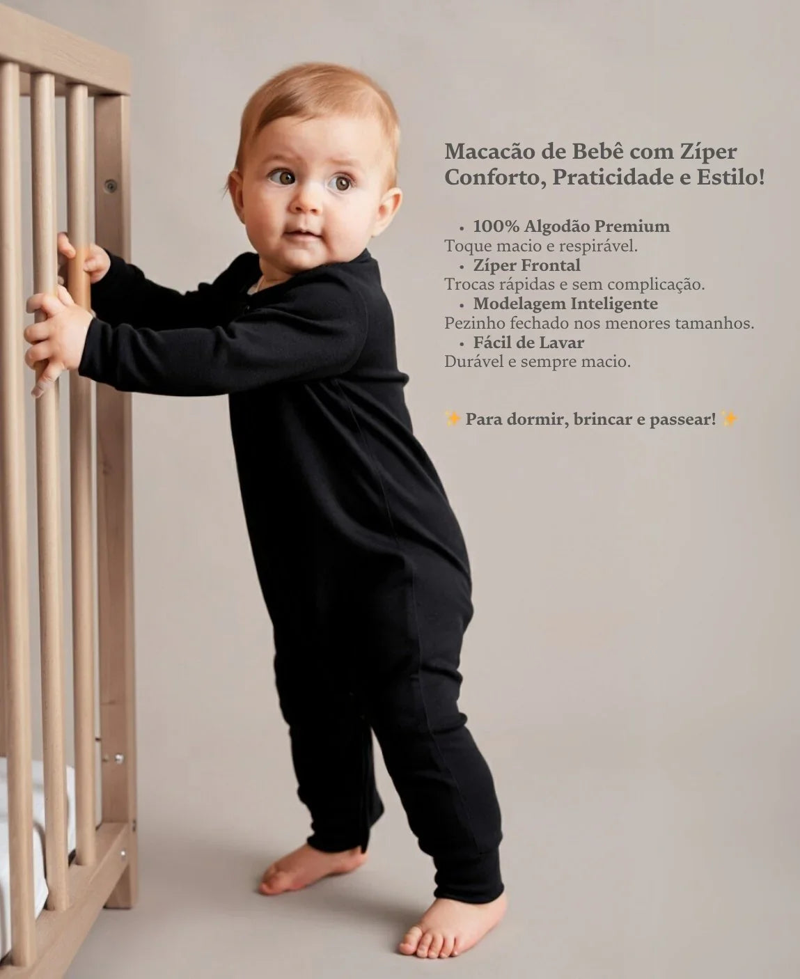 Macacão de Bebê Ziper com opção de Pezinho | Liso Preto