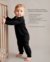 Macacão de Bebê Ziper com opção de Pezinho | Liso Preto