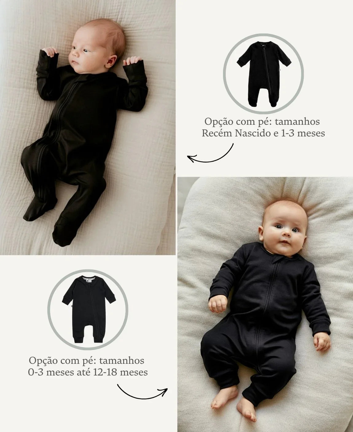 Macacão de Bebê Ziper com opção de Pezinho | Liso Preto