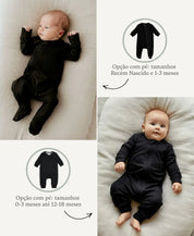 Macacão de Bebê Ziper com opção de Pezinho | Liso Preto