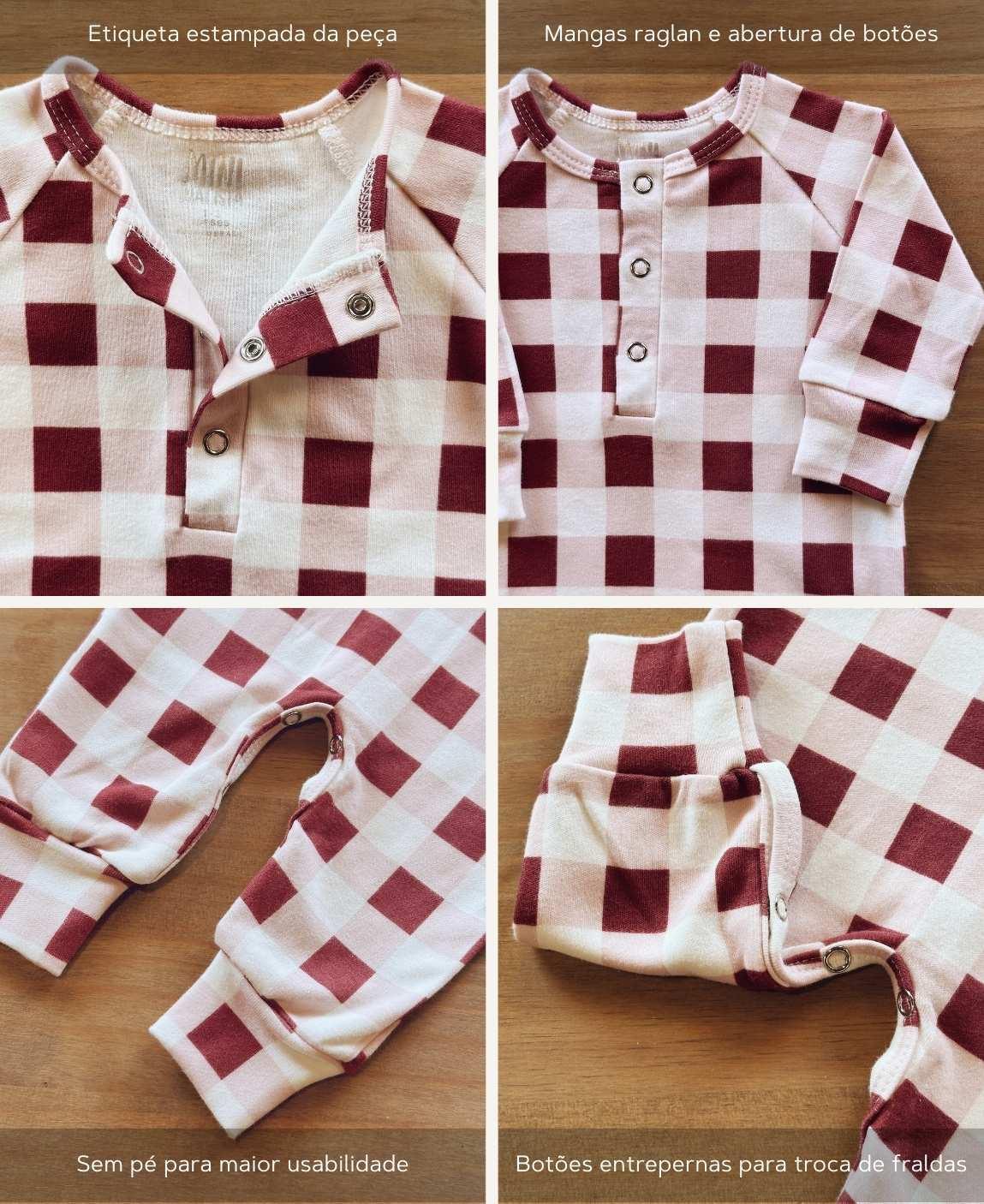 Macacão de Bebê Raglan Botões Unissex | Vichy Wine