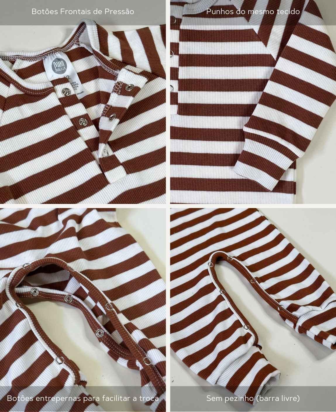Macacão Bebê Canelado Botões Unissex | Listras Caramelo e Branco Off
