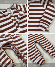 Macacão Bebê Canelado Botões Unissex | Listras Caramelo e Branco Off